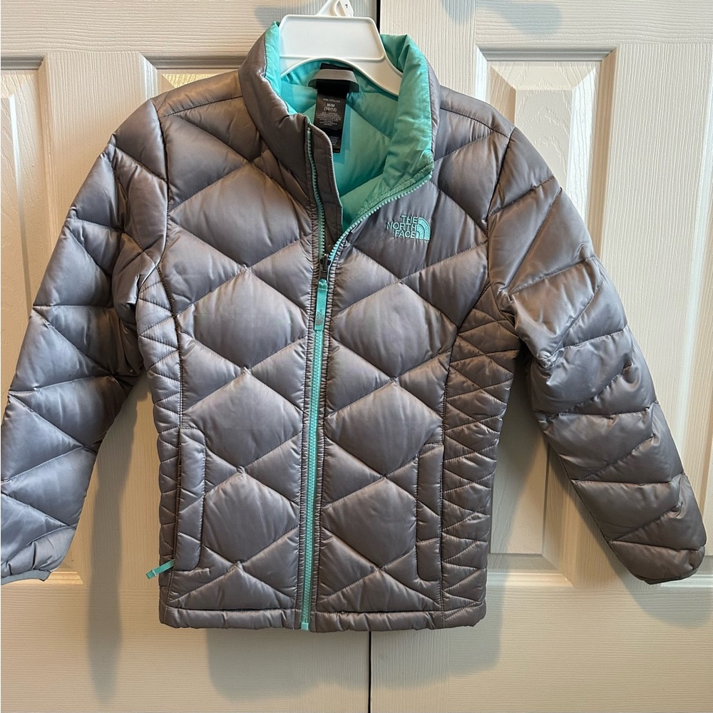 North Face jacket, size 10/12 youth. Silver & turquoise.